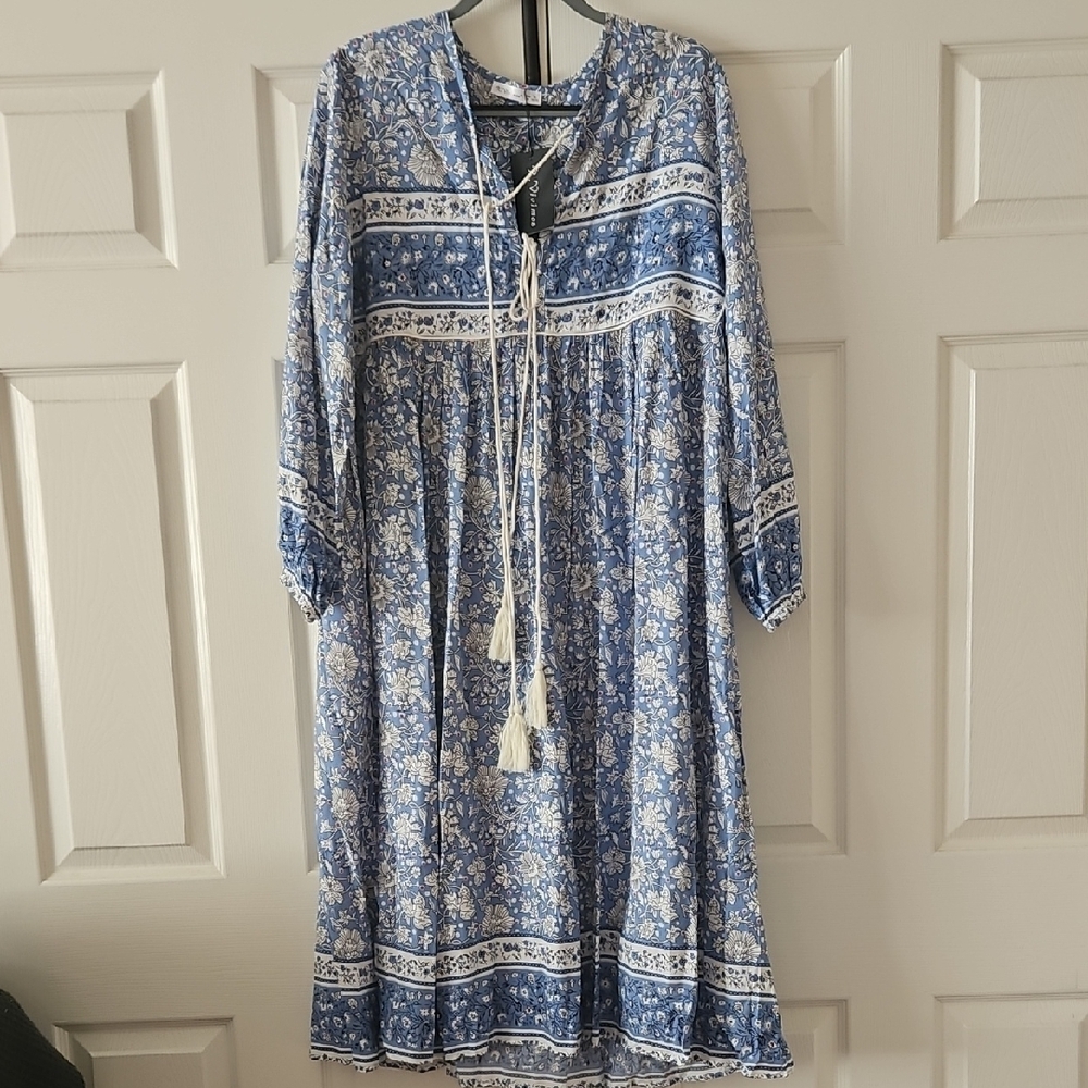 Blue and White Long Sleeve Scoop Neck Sundress